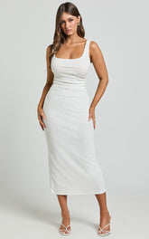Sarina Midi Dress - Ribbed Scoop Neck Dress in White